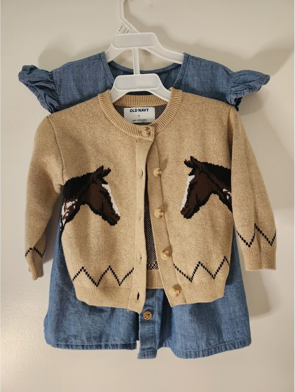 Old Navy Girls 2T Tan Cardigan Sweater Knit Equestrian Horse Pony & Denim Dress
